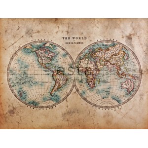 ESTAhome Fototapete mit Weltkarte in Braun und Blaugrün, 372x279cm. Wanddeko für Wohnraum.