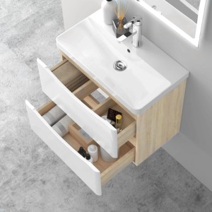 AICA Badmöbel-Set Smiely, 60 cm, mit Waschbecken, Unterschrank in Weiß/Eiche, grifflos, 2 Schubladen offen.