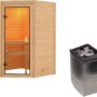 Woodfeeling Sauna Antonia mit Ofen und Glastür, Massivholzsauna für entspannende Sauna-Momente.