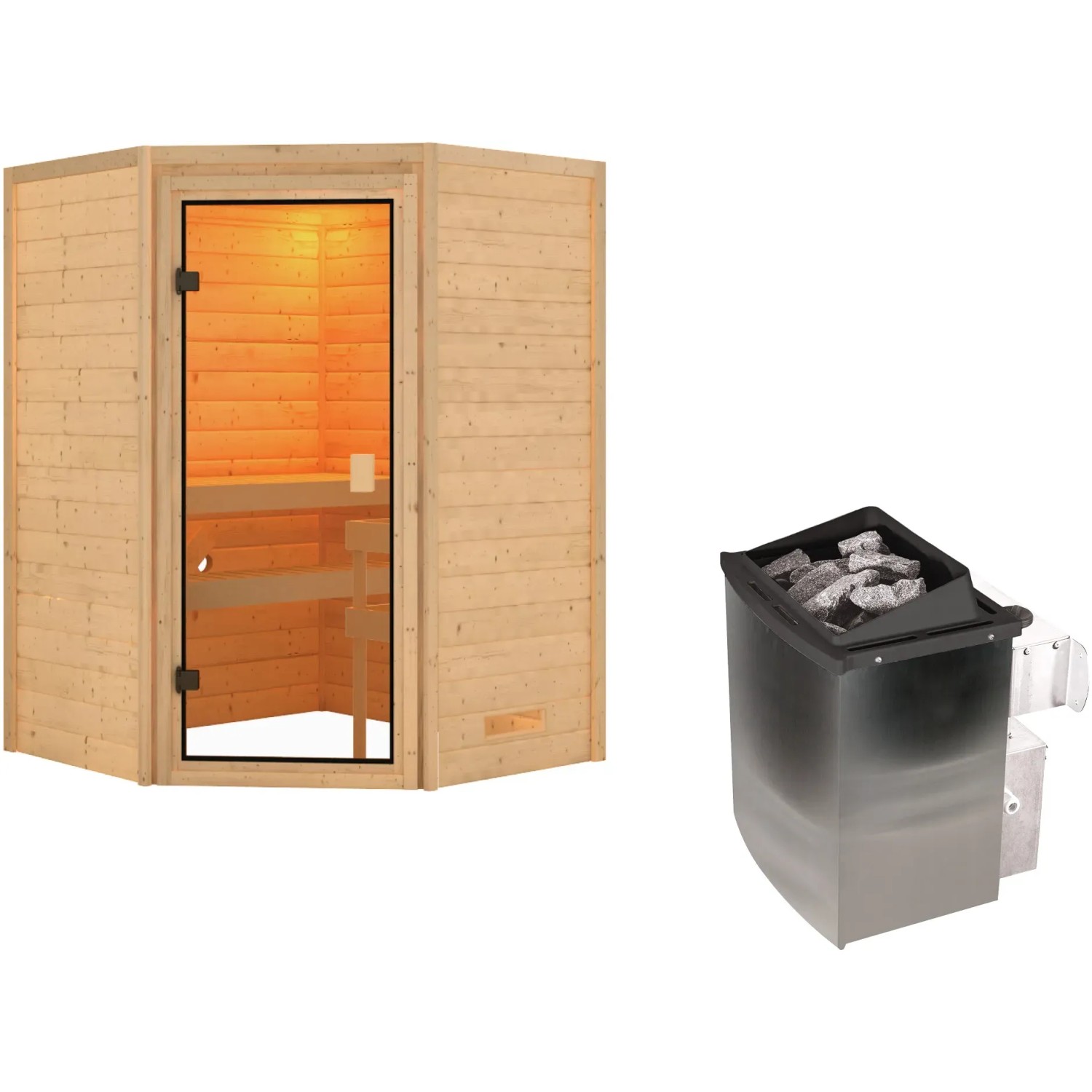 Woodfeeling Sauna Antonia mit Ofen und Glastür, Massivholzsauna für entspannende Sauna-Momente.