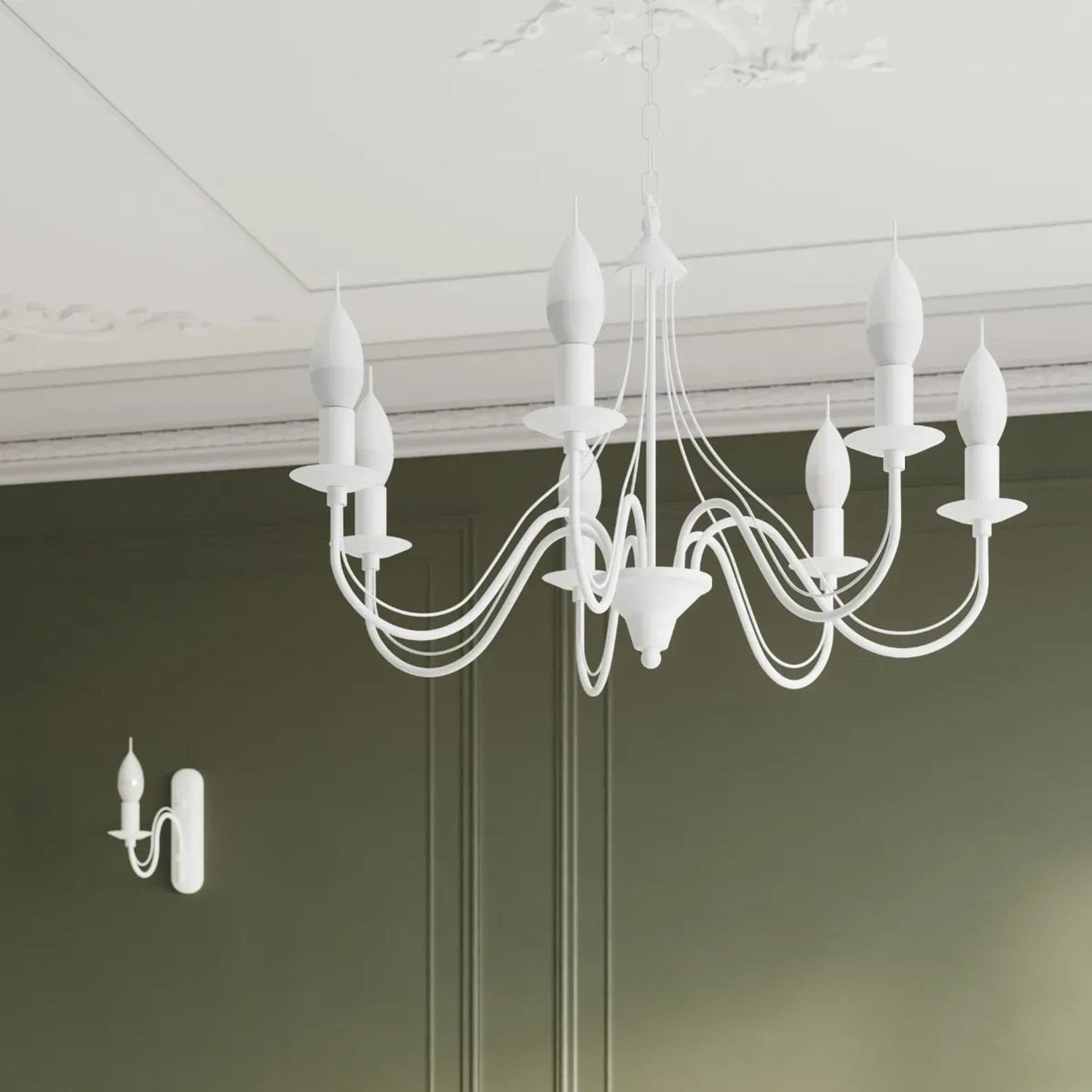 Weißer Sollux Lighting Kronleuchter Minerwa 7 mit Kerzenoptik im Interieur.