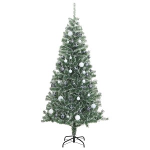 Beschneiter, künstlicher Weihnachtsbaum mit 300 LEDs und weißen/grauen Kugeln, 210 cm hoch.