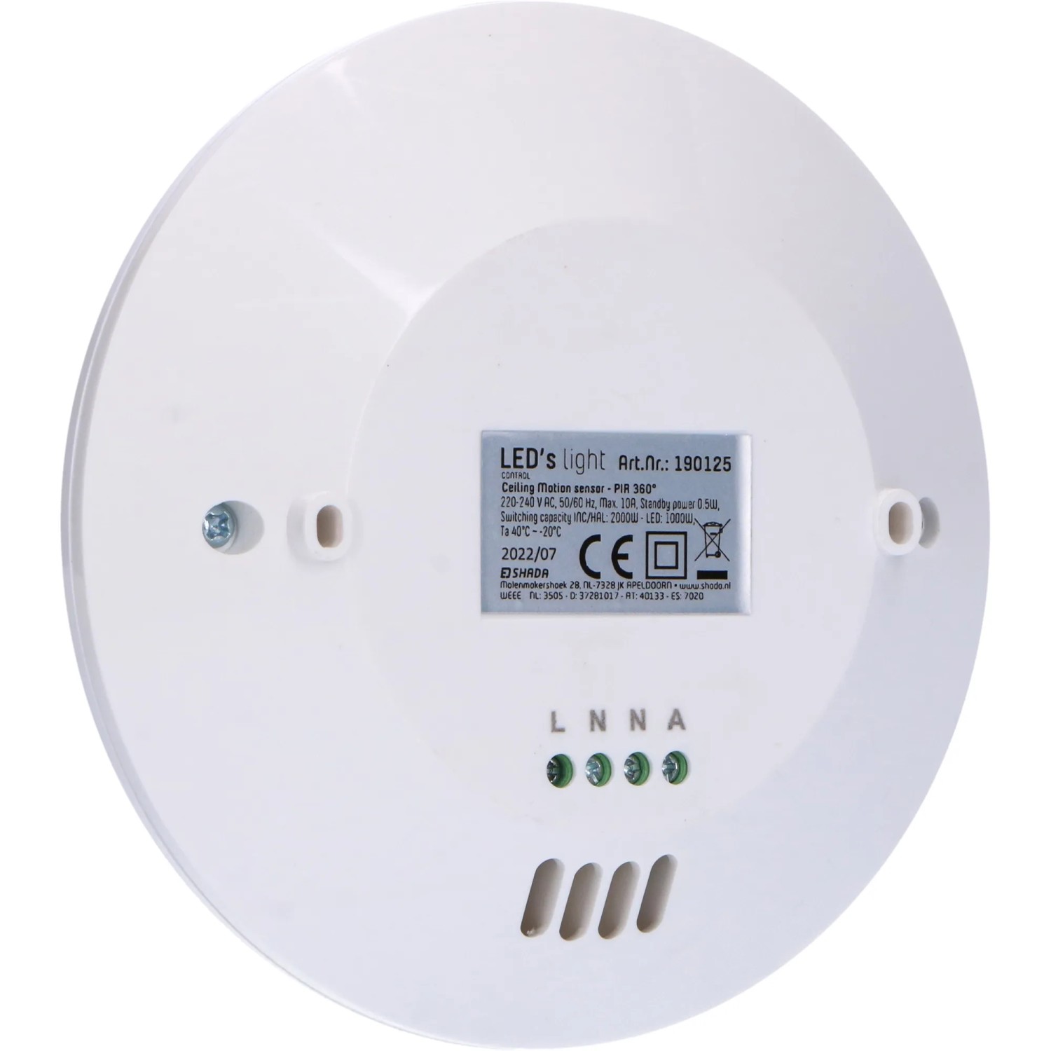 Weißer LED's light Aufbau-Deckensensor PIR 360° IP20, Detailansicht der Rückseite mit Anschlüssen.
