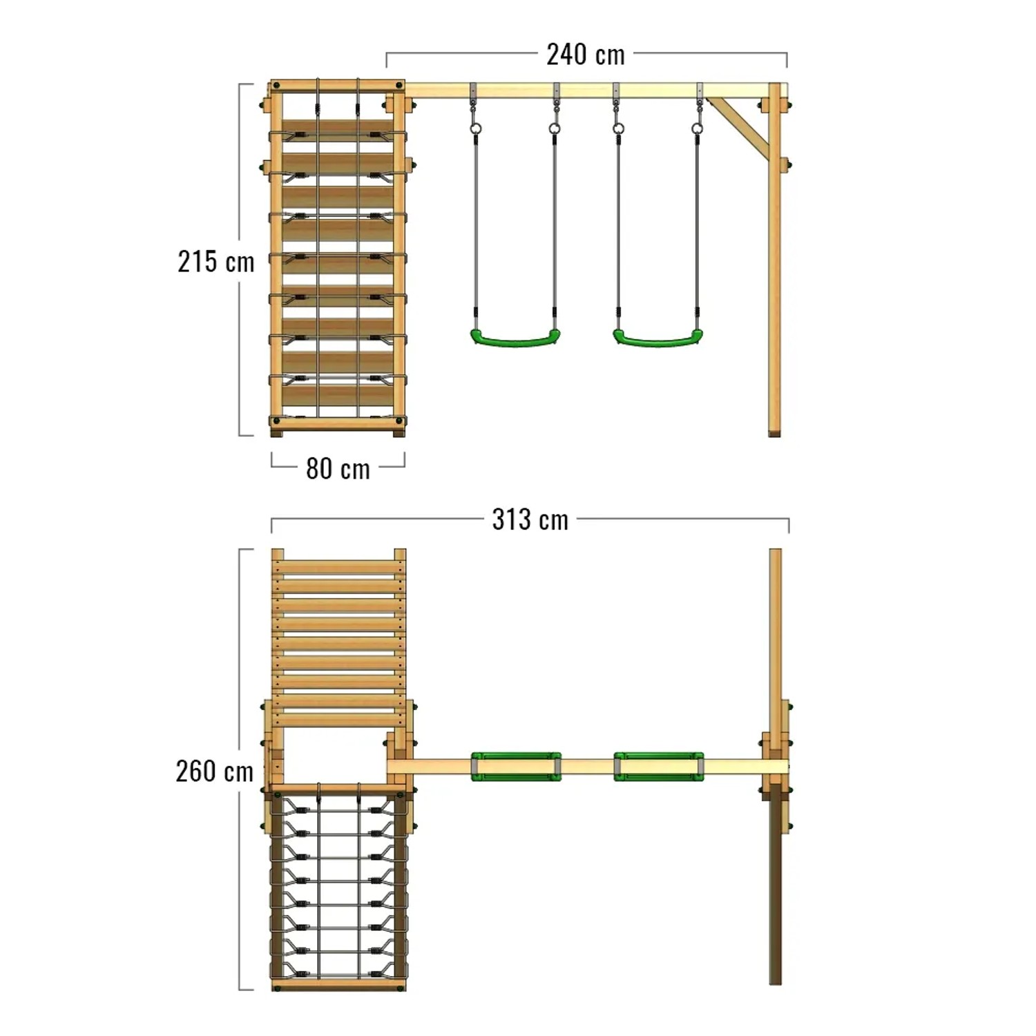 Fatmoose Schaukel JollyJungle mit Kletterwand und zwei Schaukelsitzen, Maße eingezeichnet.