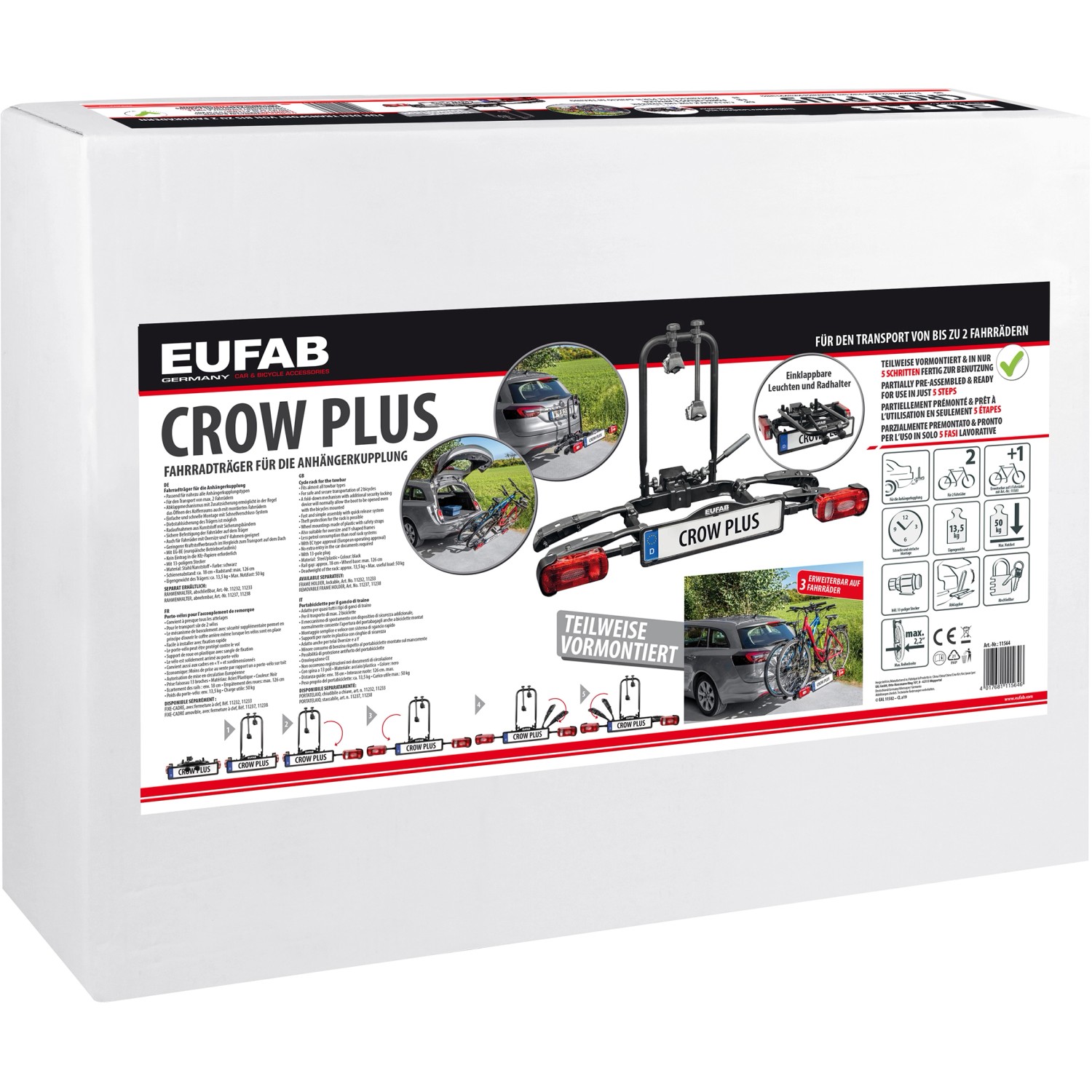 Verpackung des Eufab Fahrradträger Crow Plus für Anhängerkupplung, erweiterbar für 3 Fahrräder.