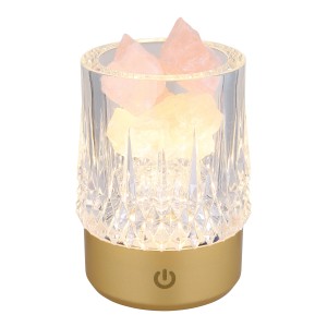 Goldfarbene Globo Tischleuchte Lizzy mit Deko-Steinen und Kristall-Effekt.