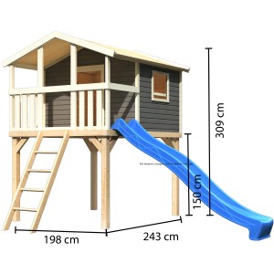 Karibu Stelzenhaus Benjamin, terragrau mit blauer Rutsche und Holzleiter. Spielturm für Kinder.