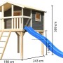Karibu Stelzenhaus Benjamin, terragrau mit blauer Rutsche und Holzleiter. Spielturm für Kinder.