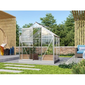 Vitavia Gewächshaus Venus 2500 aus Alu blank mit Pflanzen im Garten.