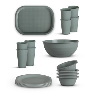 ProHome Kunststoff Geschirrset, 18-teilig, grün, für 4 Personen: Teller, Schüsseln, Becher, Tablett.