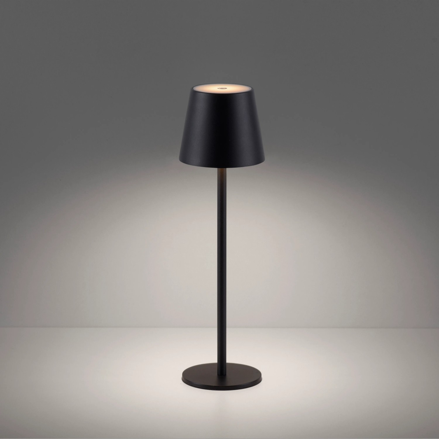 Schwarze LED-Akku-Tischleuchte Euria, 37 cm hoch, dimmbar. Elegante Tischlampe für Innen & Außen.