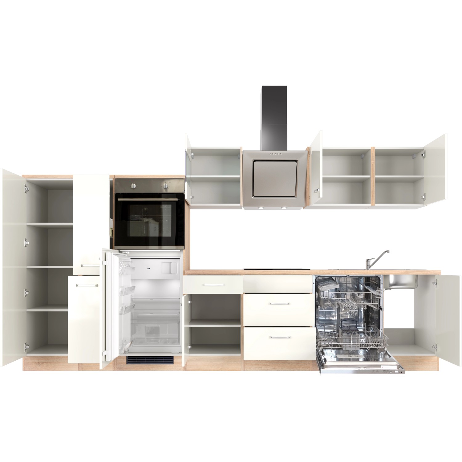 Flex-Well Küchenzeile Valero 360 cm, Hochglanz Weiß, Sonoma Eiche Dekor mit E-Geräten.