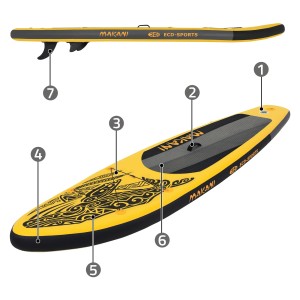 Gelbes ECD Germany Stand Up Paddle Board Makani, 320 cm, mit Finne und schwarzem Muster.