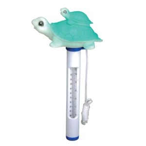 Türkisfarbenes Pool Thermometer mit Schildkröten-Motiv und Temperaturanzeige in °C & °F.