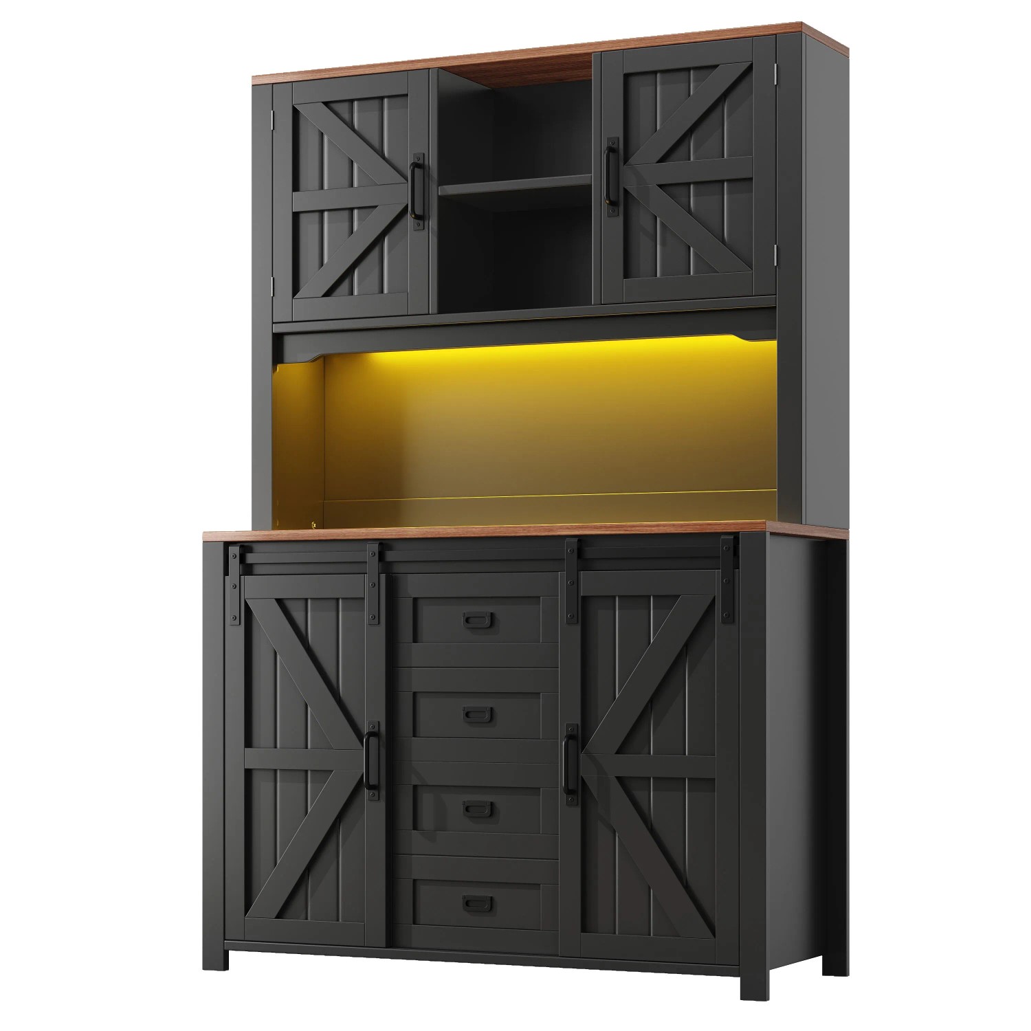 okwish Küchenschrank mit Schiebetüren LED-Beleuchtung Küche 115x40x174cm Schwarz