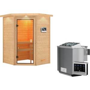 Woodfeeling Sauna Antonia mit Bio-Ofen und LED-Dachkranz. Massivholzsauna mit Ofen und Steuerung.