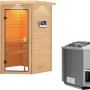 Woodfeeling Sauna Antonia mit Bio-Ofen und LED-Dachkranz. Massivholzsauna mit Ofen und Steuerung.