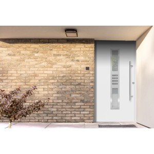 Weiße Haustür Thermospace Köln Prime mit Edelstahlgriff und satiniertem Glas