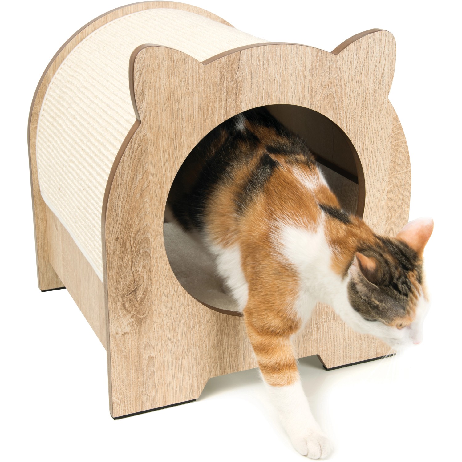 Katze verlässt die Vesper Katzenhöhle Minou in Eichenoptik mit Kratzmatte.