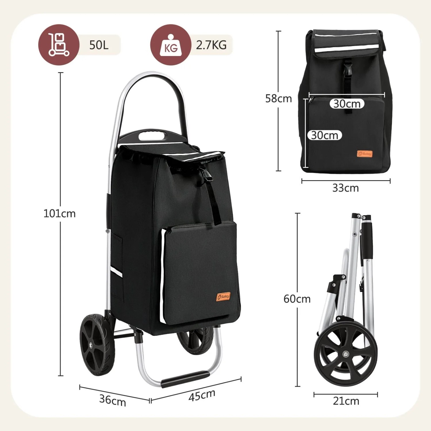 Sekey faltbarer Einkaufstrolley aus Aluminium, 50L, schwarz. Handwagen mit Kühlfach und hoher Tragkraft.
