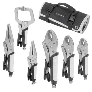 STAHLWERK 6-teiliges Gripzangen Set: silberne Klemmzangen (gebogene Backen, Langbeck, C-Klemme) mit ergonomischen Griffen und Rolltasche.