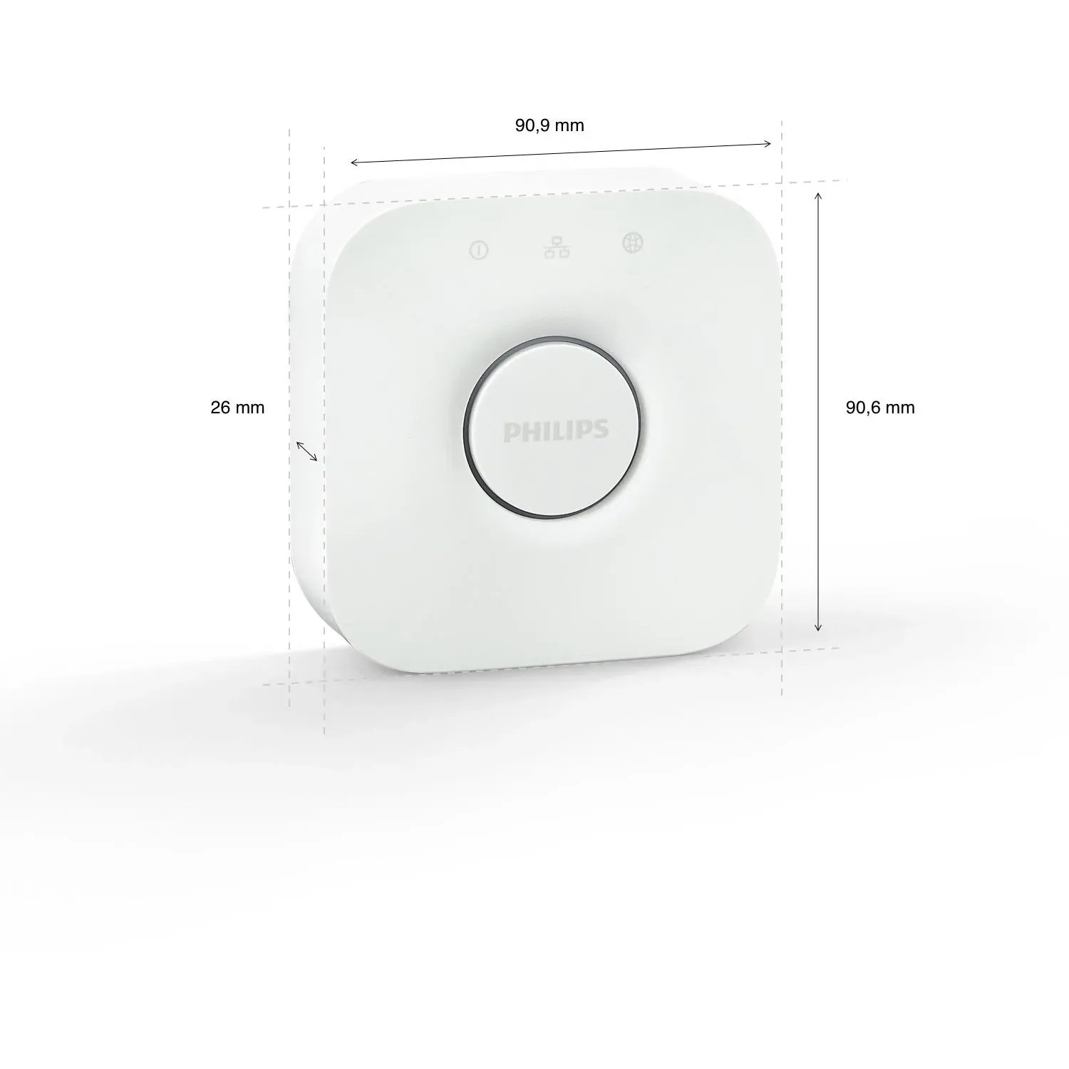 Philips Hue Bridge, Steuerzentrale für das Secure Starter-Set, weiße Basisstation mit Maßen.