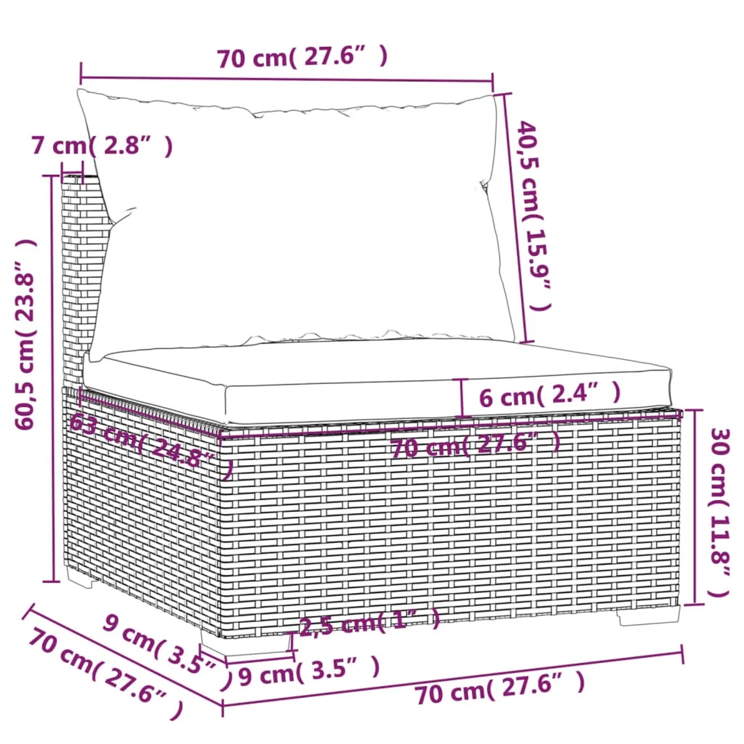 vidaXL Gartenlounge Set, 4-teilig, grau, Polyrattan, mit Maßangaben.