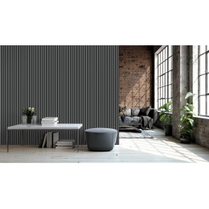 Anthrazit-graues Wandpaneel (2600x600x17mm) im modernen Wohnraum. Akustikpaneel für bessere Raumakustik.
