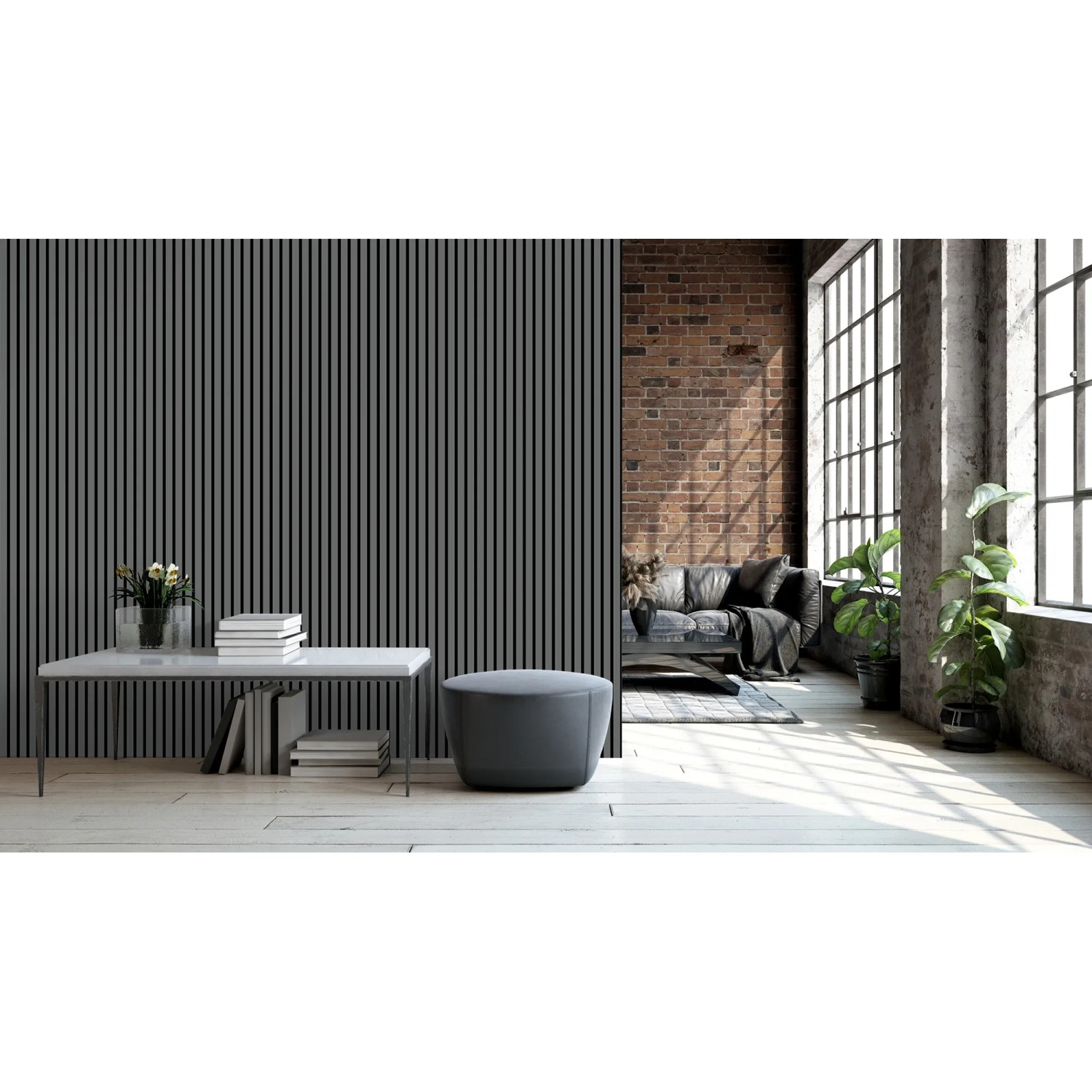 Anthrazit-graues Wandpaneel (2600x600x17mm) im modernen Wohnraum. Akustikpaneel für bessere Raumakustik.