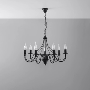 Schwarzer Sollux Lighting Kronleuchter Minerwa 7 mit Kerzen-Design für Wohnräume.