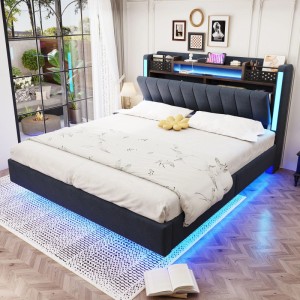 Graues okwish Polsterbett 140x200 mit LED, USB und Stauraum, ohne Matratze.