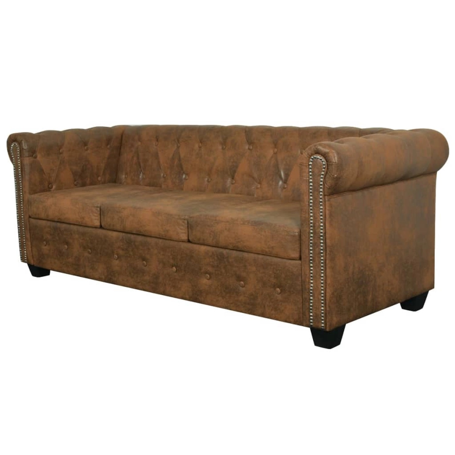 Braunes 3-Sitzer Chesterfield Sofa aus Kunstleder mit Knopfheftung und Ziernägeln.