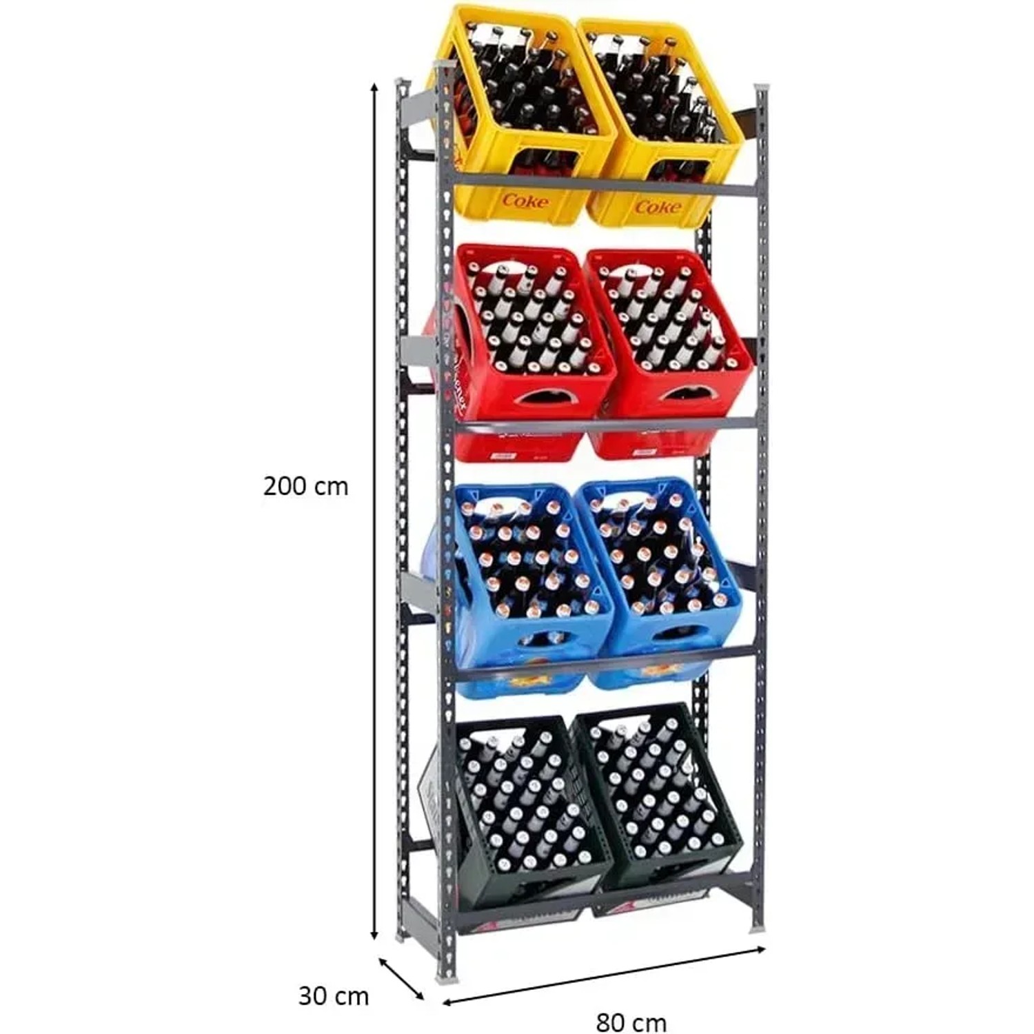 PROREGAL Getränkeregal, anthrazit, mit gelben, roten, blauen und grünen Getränkekisten.