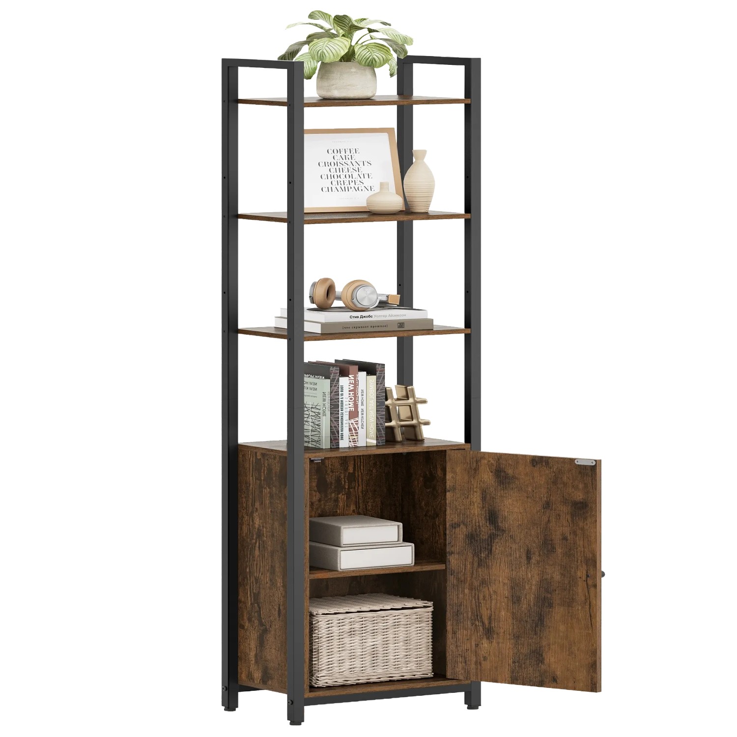 Vasagle Bücherregal, 159,5 cm hoch, braun-schwarz, mit offenen Fächern und Schrank.