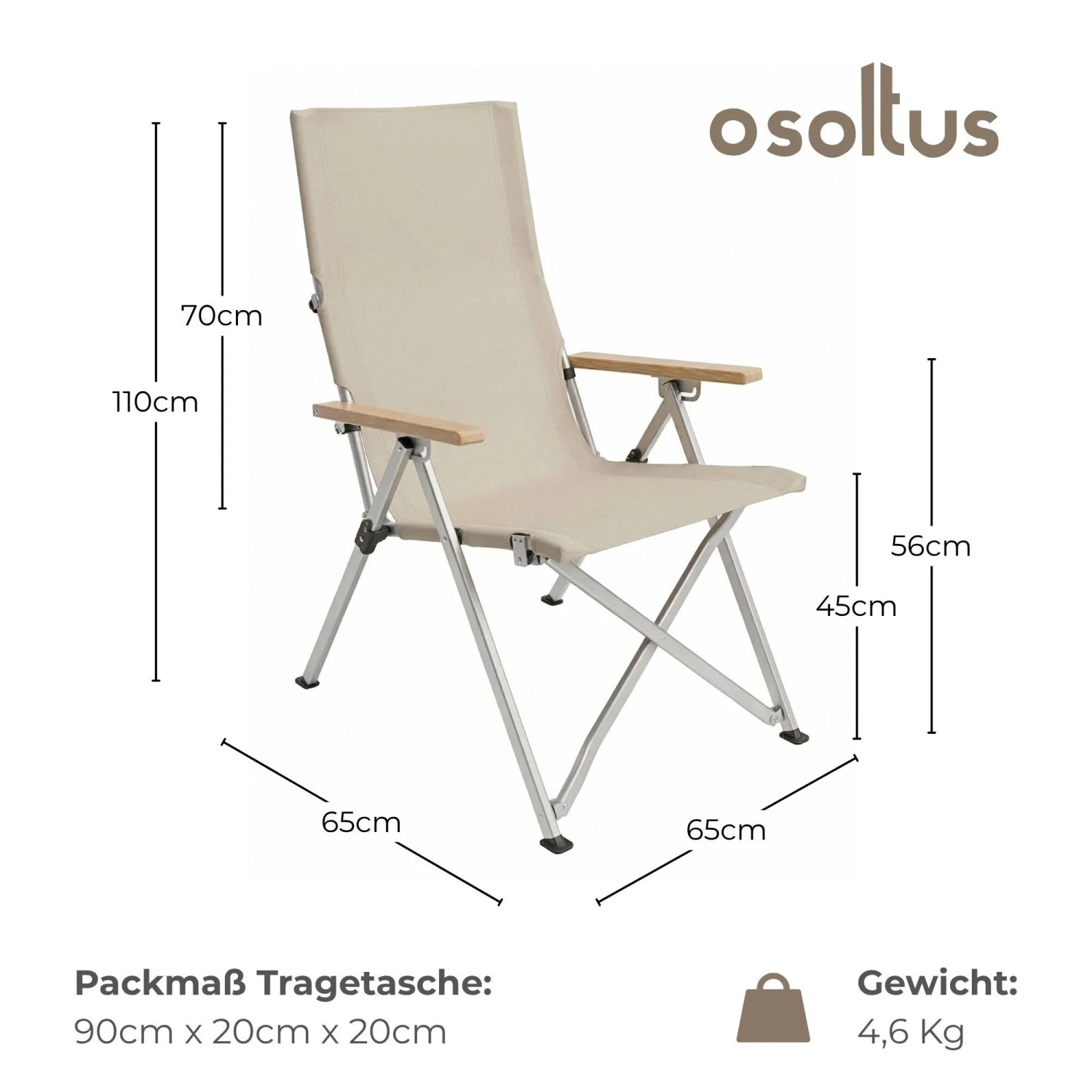 osoltus Faltsessel Campingstuhl beige, Aluminiumgestell, Holzlehnen. Faltbar, 3-fach verstellbare Rückenlehne.