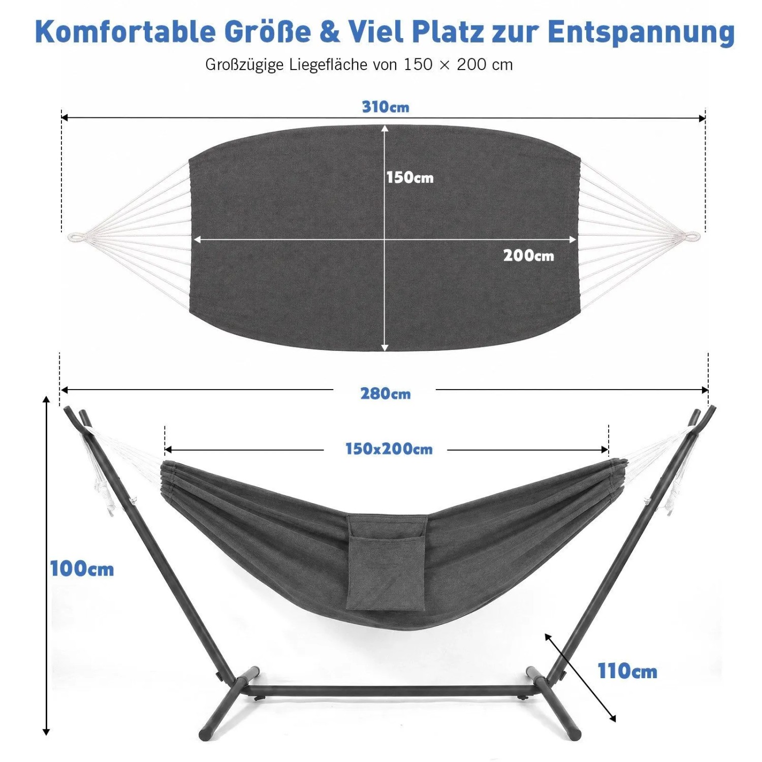 Sekey Hängematte Hängemattengestell Doppelhängematte Höhenverstellbar bis 200 kg Belastbar mit Tragetasche für Garten Balkon Terrasse Outdoor Grau_7