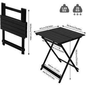 Schwarzer WOLTU Klapptisch aus Aluminium für Camping und Garten, mit Maßangaben.