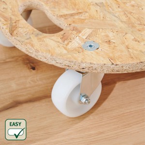 Wagner Transporthilfe mit OSB-Platte, Ø 380 mm, 250 kg Tragkraft und weißen Rollen.