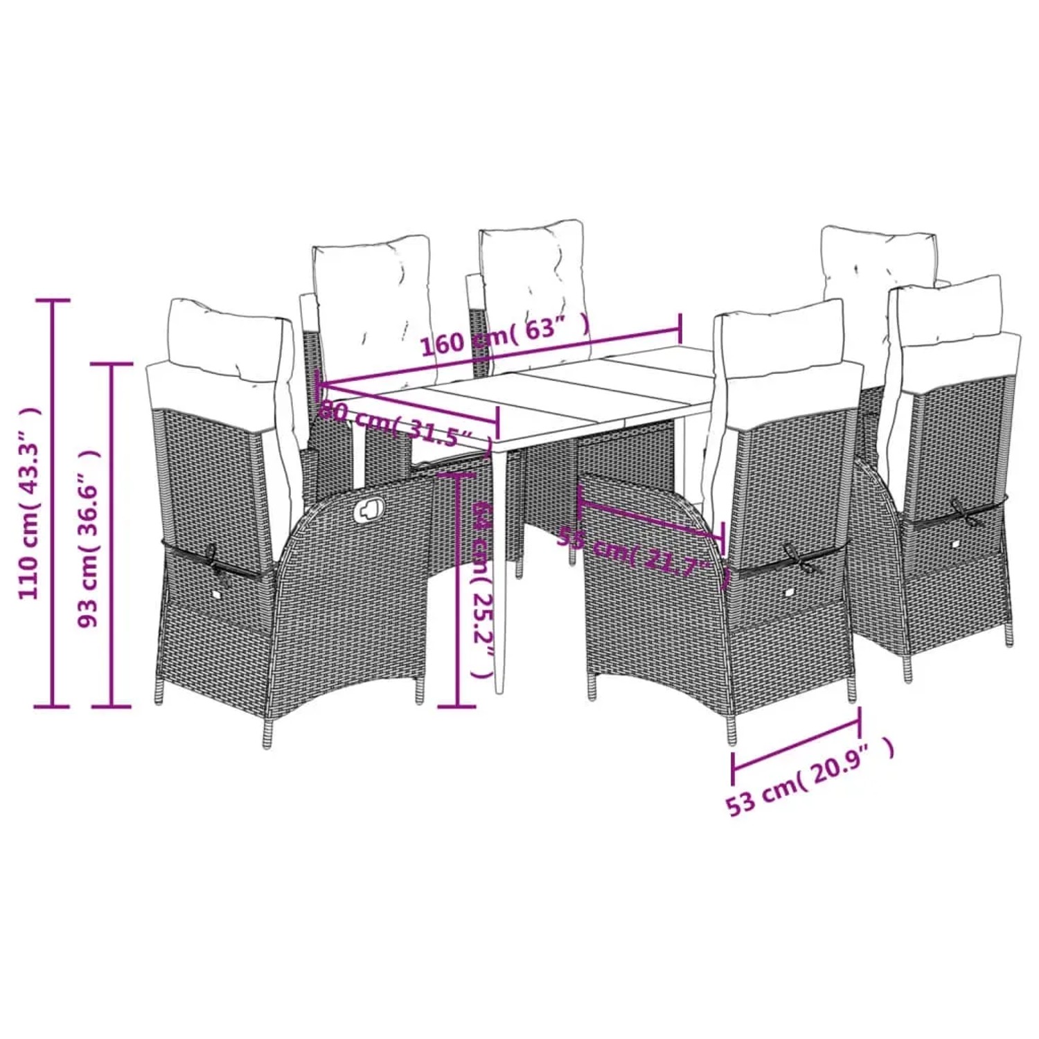 7-teilige Garten Essgruppe aus grauem Poly Rattan mit Tisch und 6 Stühlen mit Kissen.
