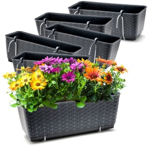 BigDean 6er Set Blumenkästen für Balkon Geländer Rattan Optik Anthrazit Balkonkästen mit Metall Halterung 39 x 15 5 x 14 cm inkl