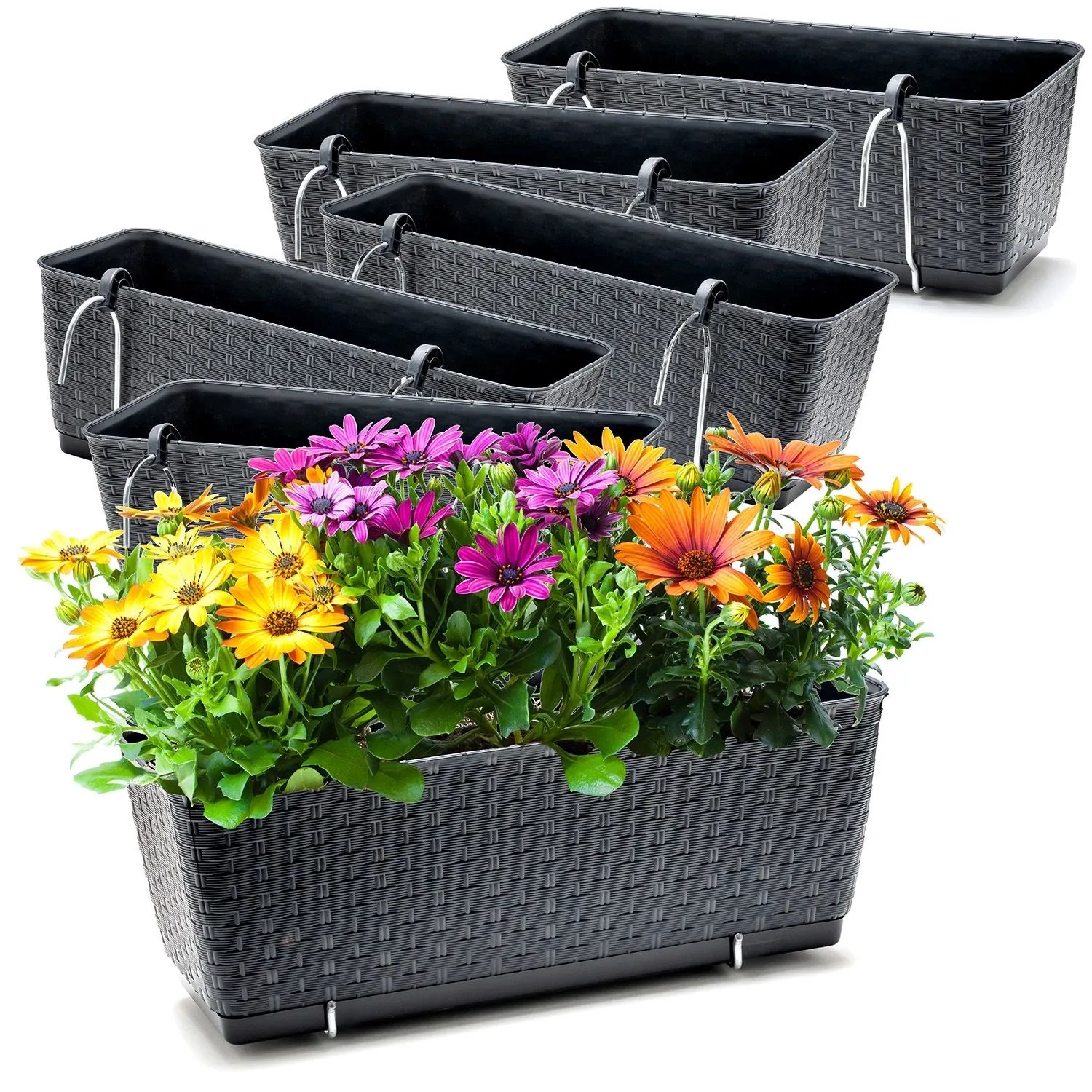 BigDean 6er Set Blumenkästen für Balkon Geländer Rattan Optik Anthrazit Balkonkästen mit Metall Halterung 39 x 15 5 x 14 cm inkl
