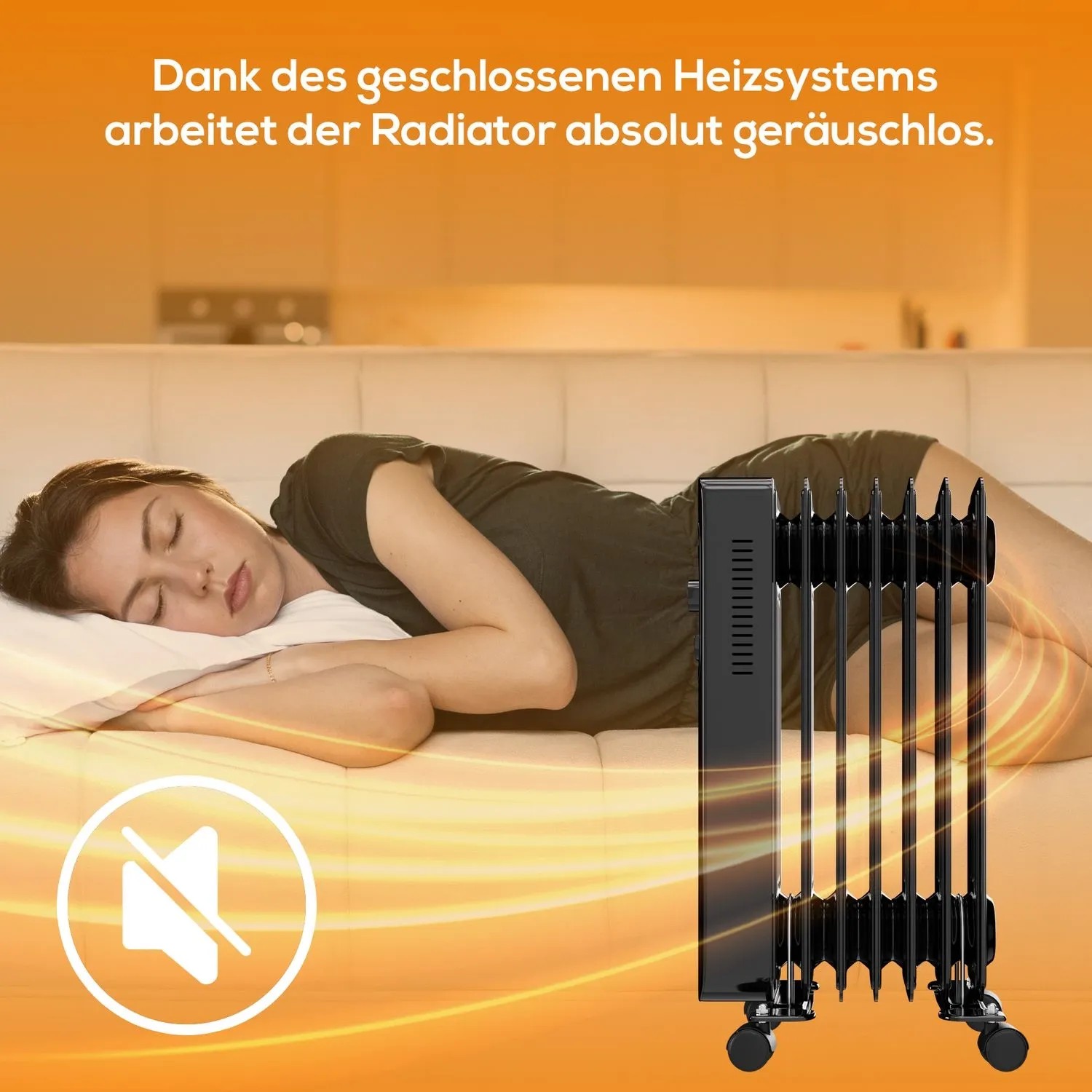 TroniTechnik Ölradiator schwarz mit 7 Rippen neben schlafender Person. Leiser Betrieb.
