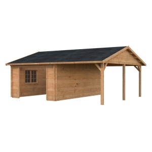 Palmako Garage Roger, tauchgrundiert hellbraun, mit Carport Anbau, aus Holz.