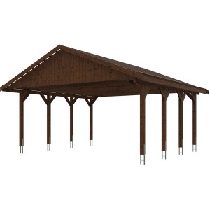 Satteldach-Carport Wallgau in Nussbaum, Holzkonstruktion mit Dachlattung für zwei Stellplätze.