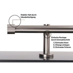 Gardinenstange Edelstahl-Optik, Ø 25mm. Detailansicht der Kappe mit Inbusbefestigung und Träger mit Schraubmontage.