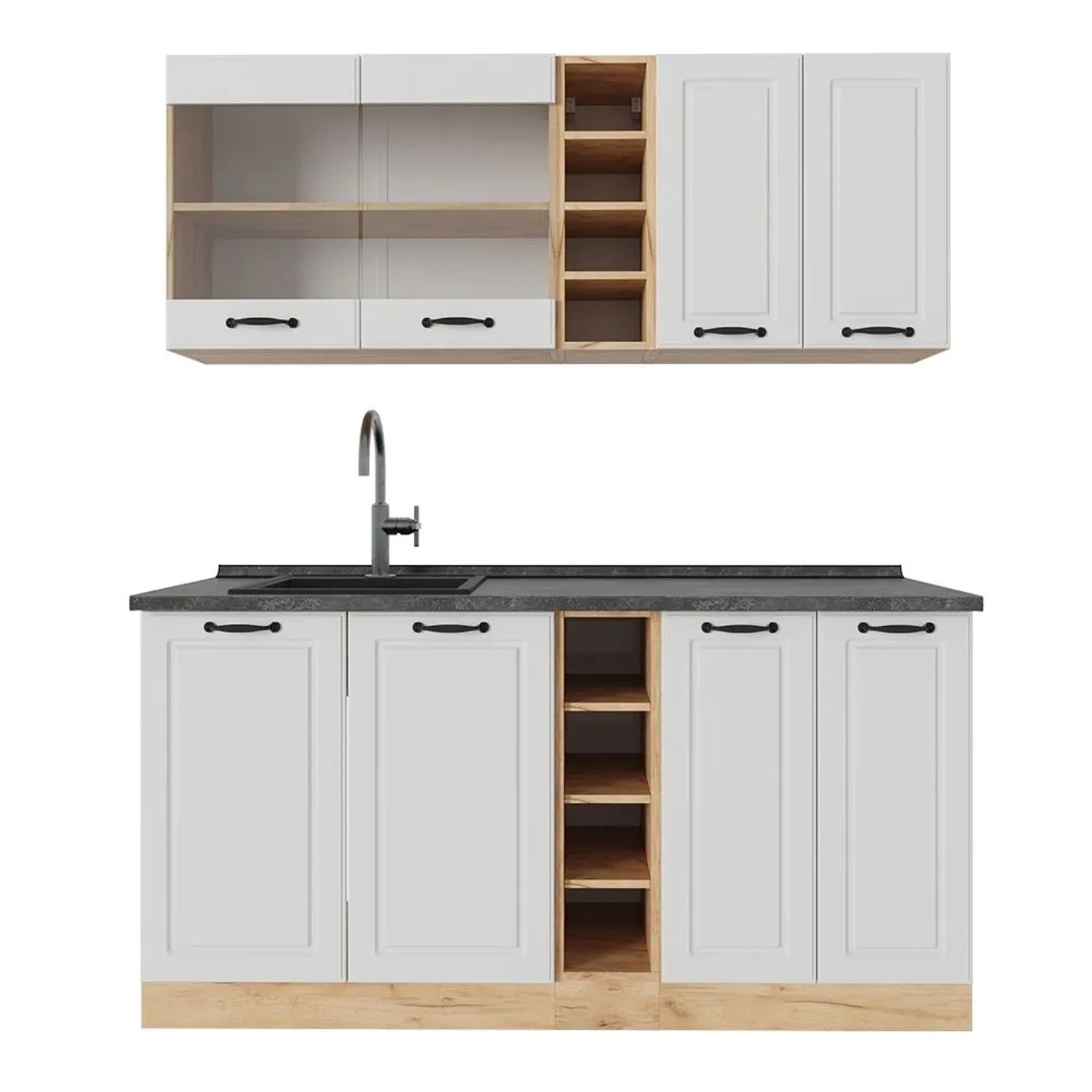 Vicco R-Line Singleküche Weiß Landhaus Goldkraft Eiche 160 cm AP Anthrazit ohne E-Geräte