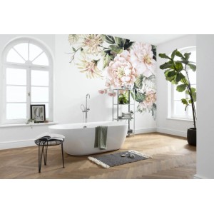 Fototapete Blumen rosa/grün (300x280cm) von Sanders & Sanders im Badezimmer.