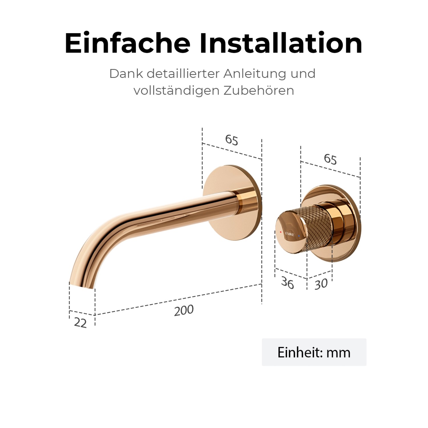 Emke Waschtischarmatur Unterputz für Wandmontage Rosengold Wasserhahn Badarmatur_8