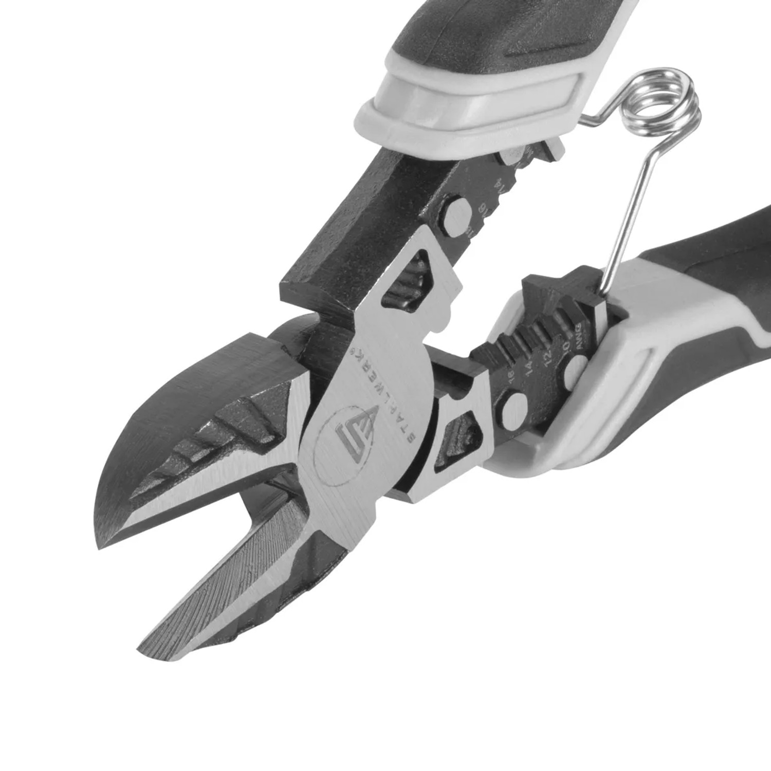 STAHLWERK Seitenschneider, Kombizange mit Abisolierfunktion, Multifunktionszange, Detailaufnahme.