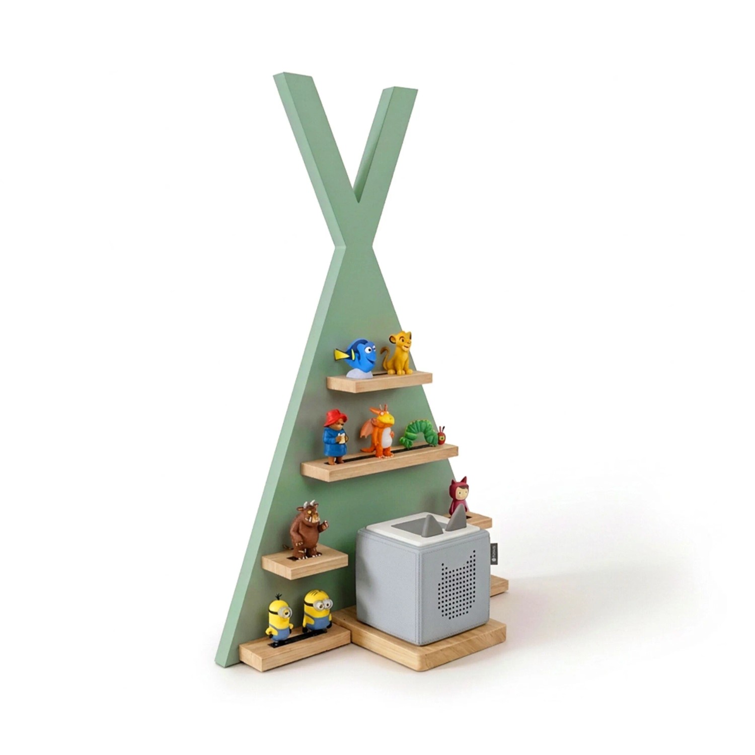 Relaxdays Toniebox Regal in Zeltform MDF Kiefernholz Salbei mit Magnetstreifen 69 x 49 x 9 cm 2,3 kg